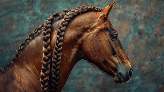 a horse with braided hair and braids is standing in front of a wall