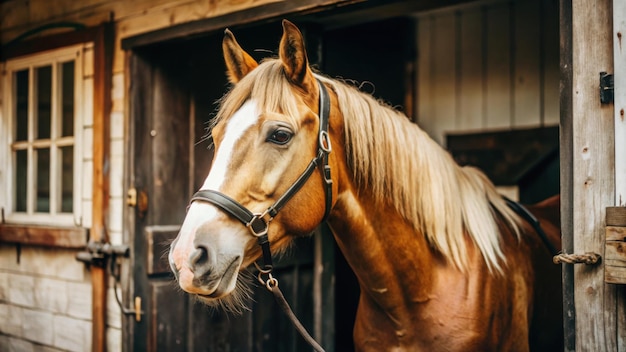 a horse with a bridle and bridle stands in a stall