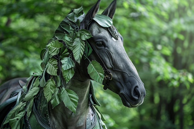 Photo a horse with a bridle on its head and a green leafy plant on its head