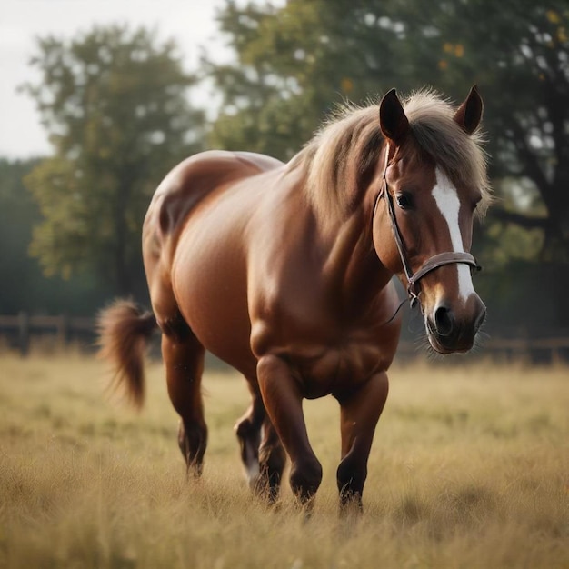 a horse with a bridle on its head is walking in a field