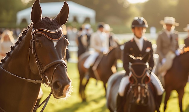 Photo a horse with a bridle and a man on the back of it