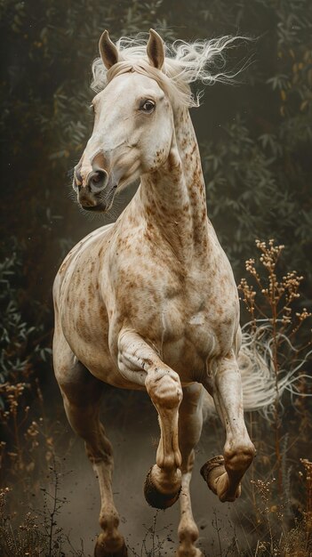 a horse with a brown mane stands in the sun