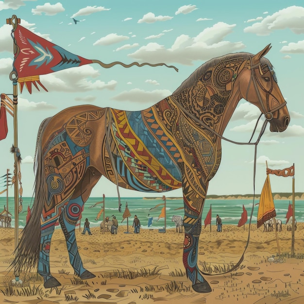 A horse with colorful designs on its body stands in front of a flag