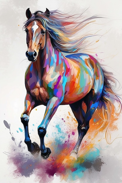 a horse with a colorful mane is standing in front of a colorful background