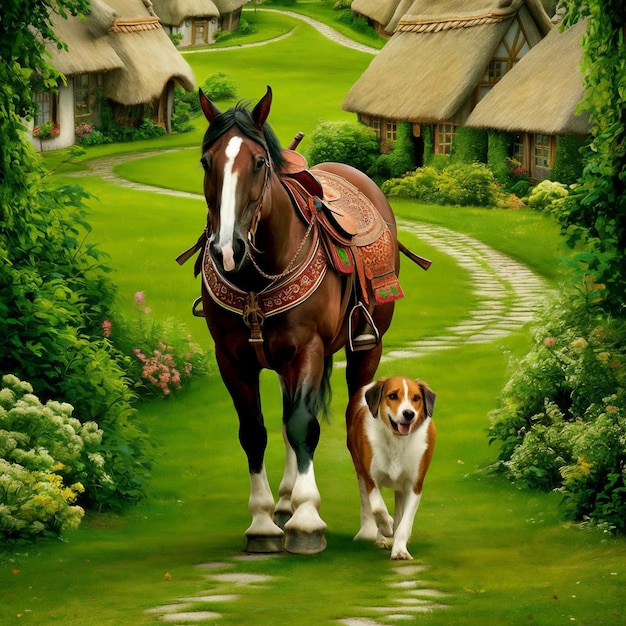 a horse with a dog on its back is walking in a field with a dog