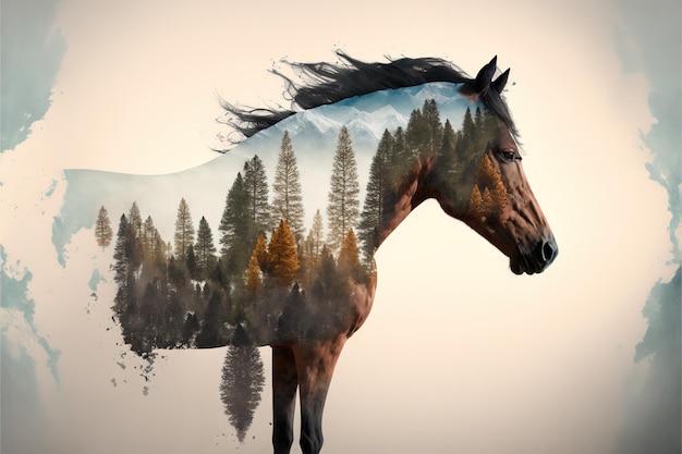 Horse with double exposure with natural forest landscape background