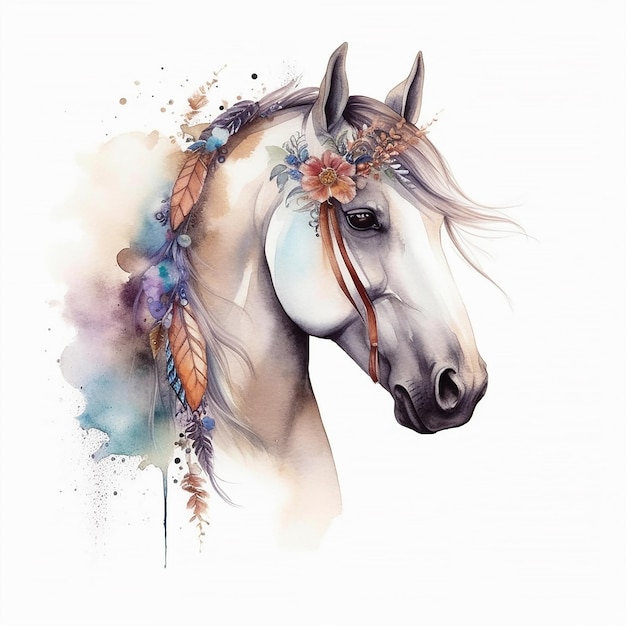 A horse with feathers on its head is painted with a white horse with a blue headband.