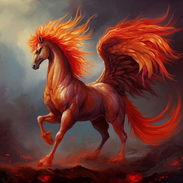 A horse with a fiery mane and tail with a red head and tail