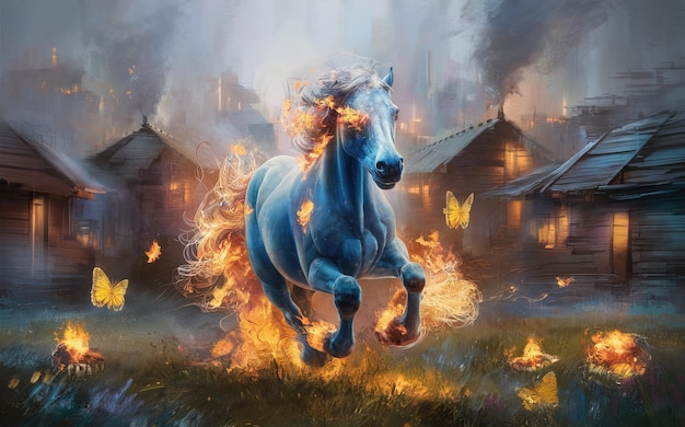 a horse with a flame on its head is burning