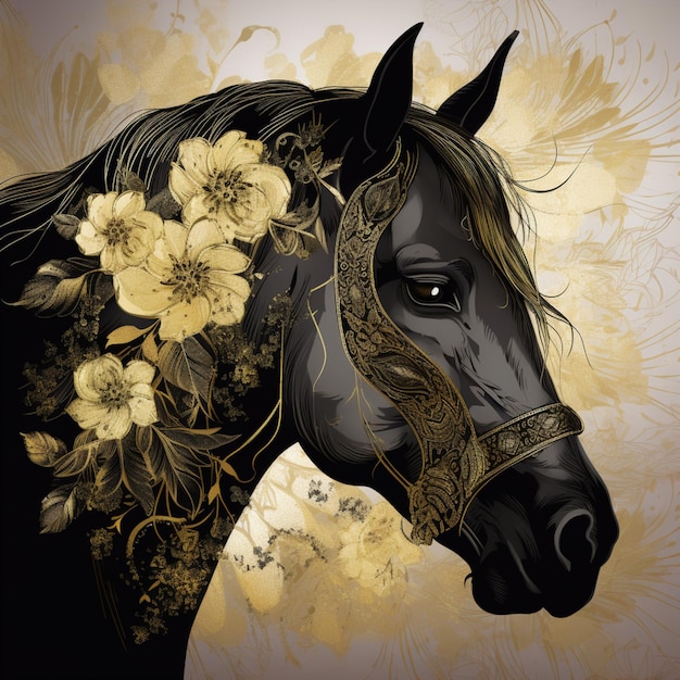 A horse with flowers on its head and a black horse in the center.