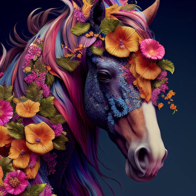 A horse with flowers on its head is painted in a colorful way.