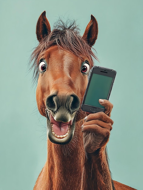 Photo a horse with a funny face on it is holding a phone