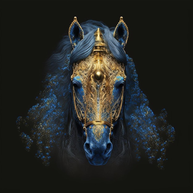 A horse with gold hair and a blue headdress is shown in a black background.