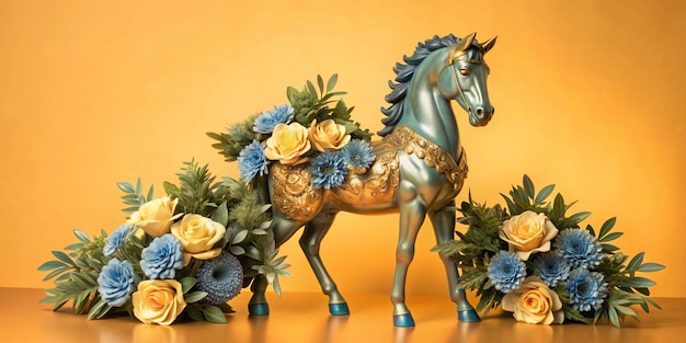 Photo a horse with a gold head and blue flowers on it