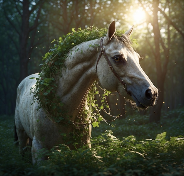 a horse with a green plant on its head is eating grass