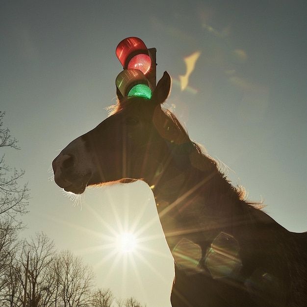 Photo a horse with a hat on its head is shown with the sun shining on its head