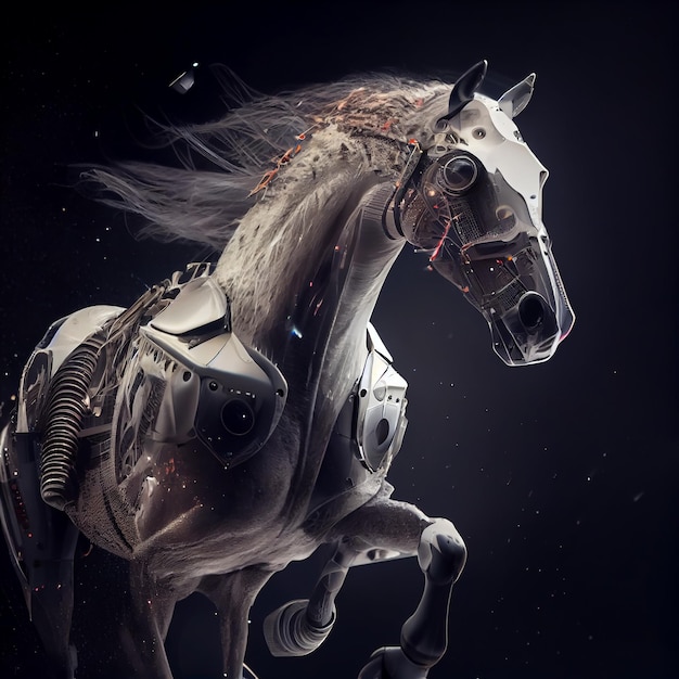 A horse with a helmet on it is running on a black background