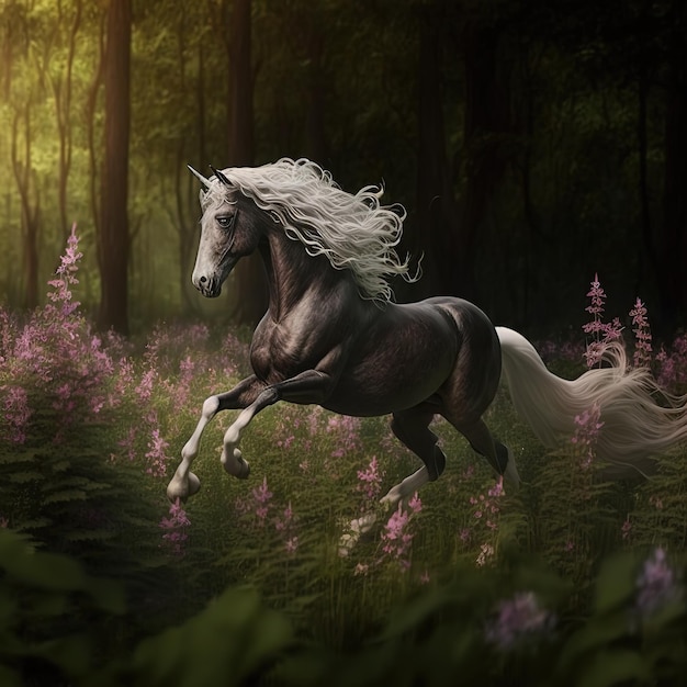 A horse with a long mane is running through a forest with pink flowers.