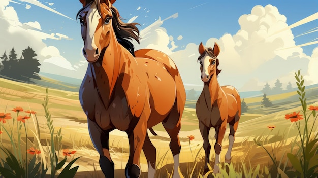 a horse with a long mane stands in a field with a horse on the left