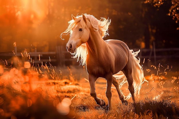 A horse with a long mane stands in a field