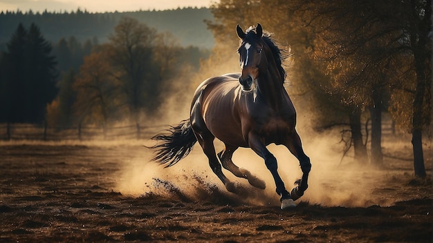 a horse with a long tail is galloping through the dust