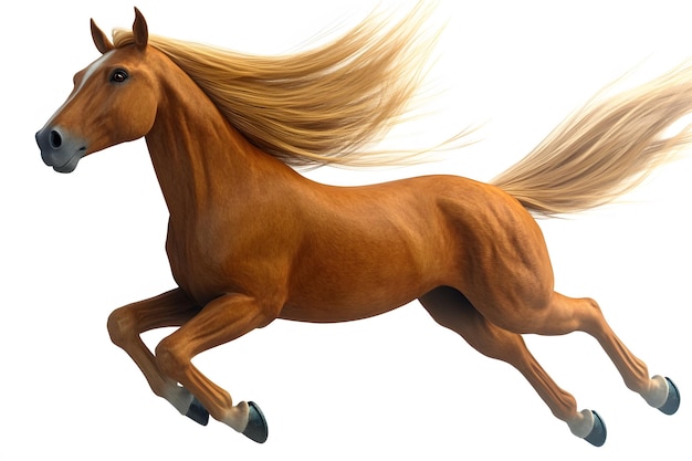 a horse with a long tail is running in front of a white background