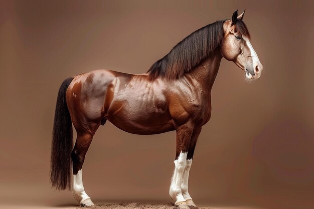 Photo a horse with a long tail is standing on a brown background