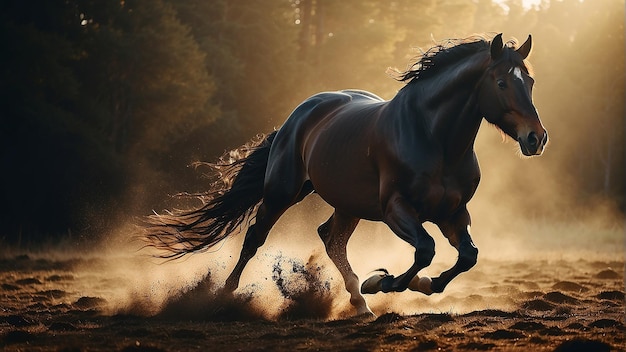 horse with a long tail running in the sunset