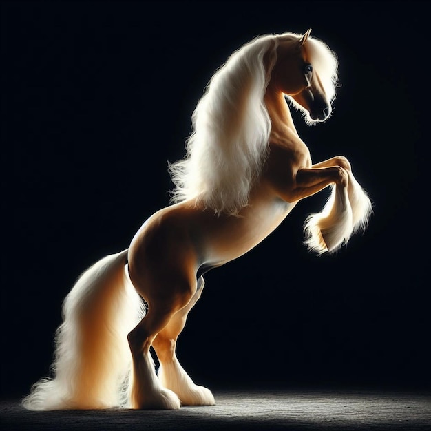 a horse with a long tail and tail with a white mane