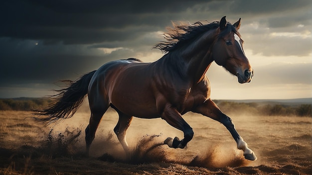 a horse with a mane running in the sand