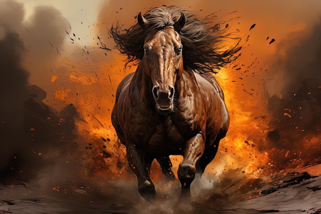 Photo a horse with a mane running through a field of fire