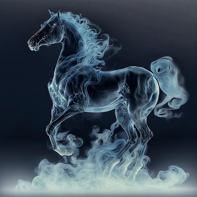 A horse with a mane and tail is surrounded by smoke.