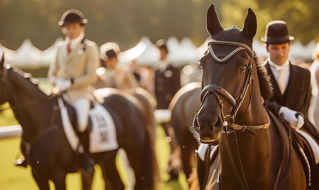 Photo a horse with the number 15 on its back is standing in front of a crowd of people