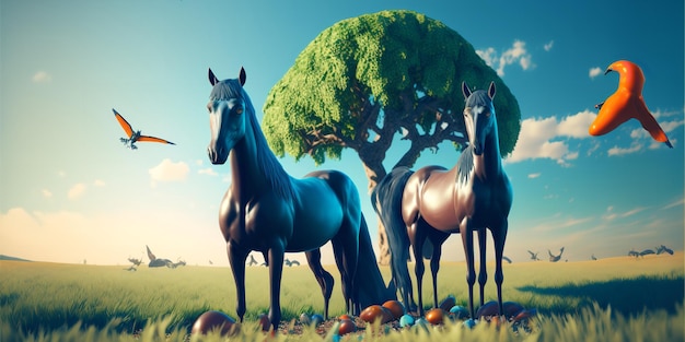 Horse with other animal eating grass in a Green land Generative Ai