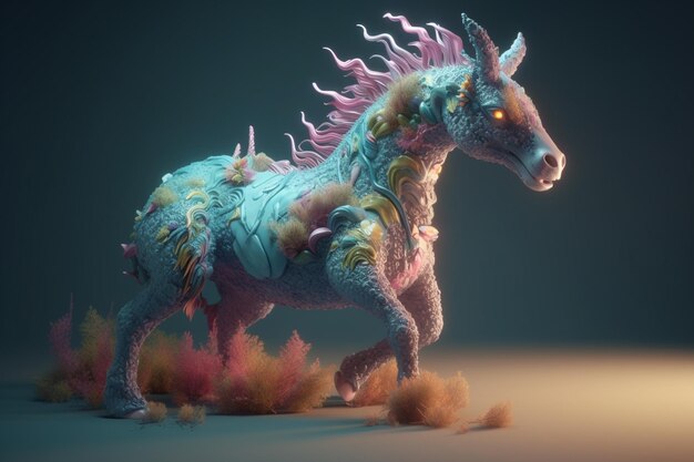 A horse with a pink mane and a blue tail is walking in a dark room.