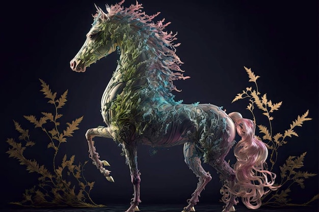 A horse with a pink mane and tail is standing on a dark background.