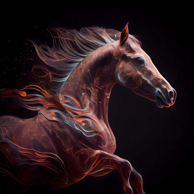 Horse with a red mane on a black background 3d rendering