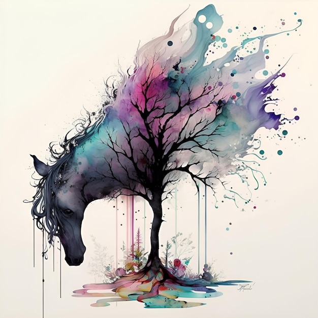 A horse with a tree on it is painted with colorful paint