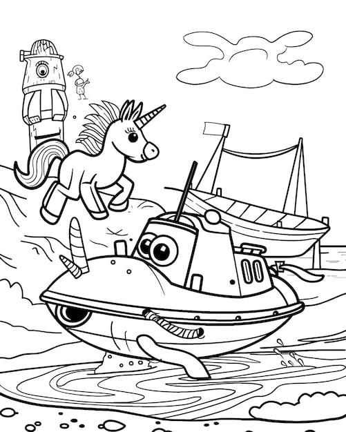 Photo a horse with a unicorn on its head is on a boat with a boat in the background