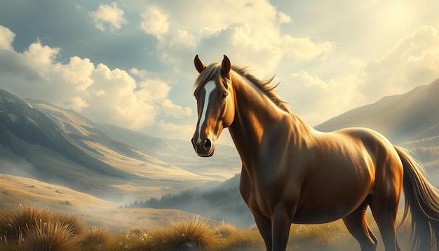 A horse with a white face stands in a field