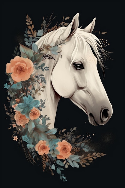 A horse with a white mane and flowers on it