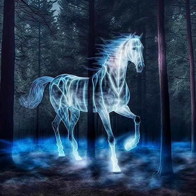 A horse with a white mane is in the woods.