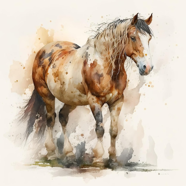 A horse with a white mane and yellow spots is painted on a white background.