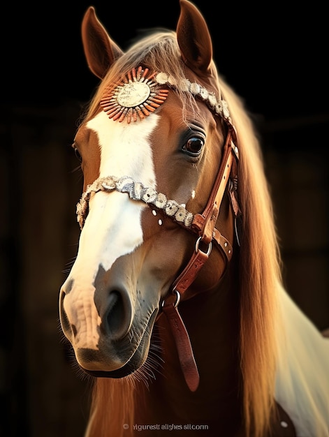 a horse with a white patch on its head and a bridle on the nose.