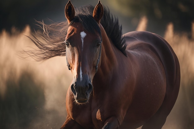 A horse with a white spot on its face runs through a field.