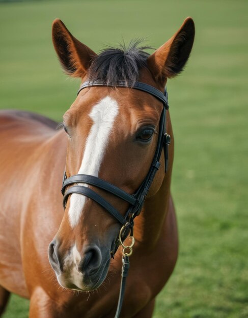 Photo a horse with a white stripe on its face is standing in a field