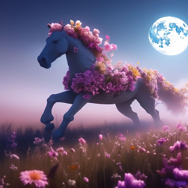 Horse with a wreath of flowers against the background of the moon