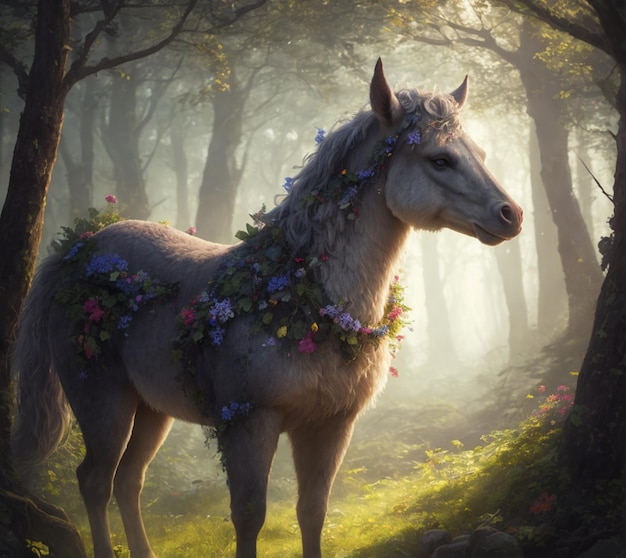 A horse with a wreath of flowers on its neck stands in a forest.