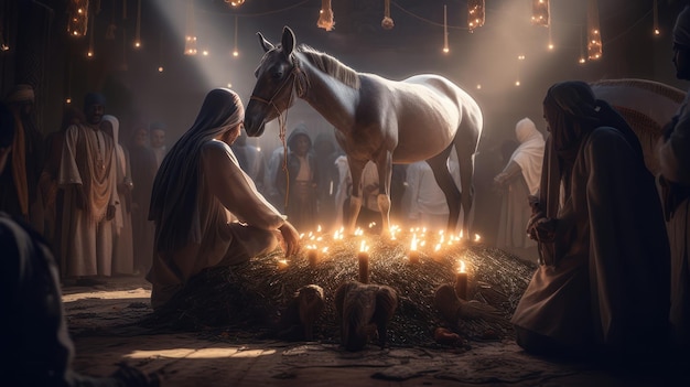 A horse and a woman in a dark room with candles and a man in a white robe.