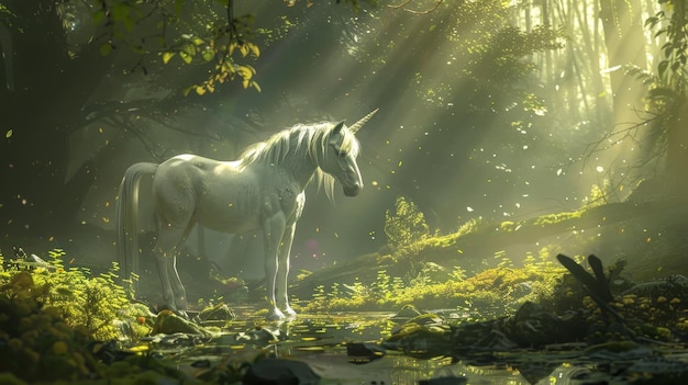 a horse in the woods with the sun shining through the leaves